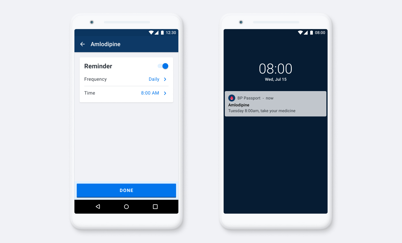 Mobile devices showing a medicine reminder screen and a notification reminding a user to take their medicine