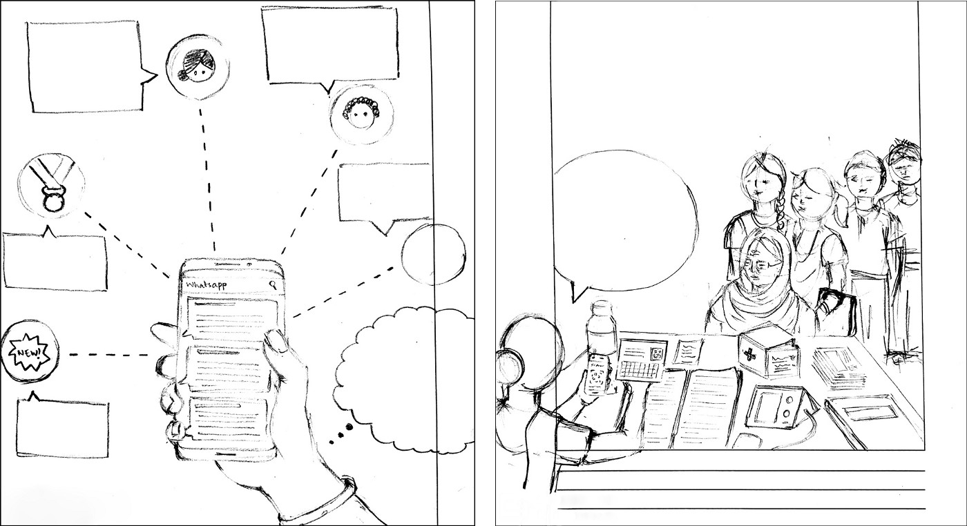 Sketches of a person holding a mobile device and a sketch of a health worker attending a line of patients
